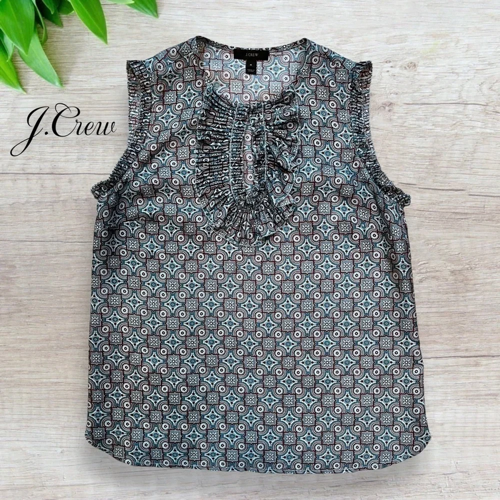 J.Crew sleeveless teal/burgundy silk ruffle foulard print top *shop@iamwarrior